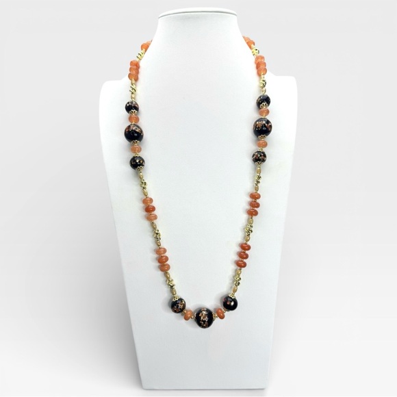 SOLD-ARTISAN Vintage Black Murano Lampwork Glass and Carnelian Gemstone Necklace - Picture 2 of 16